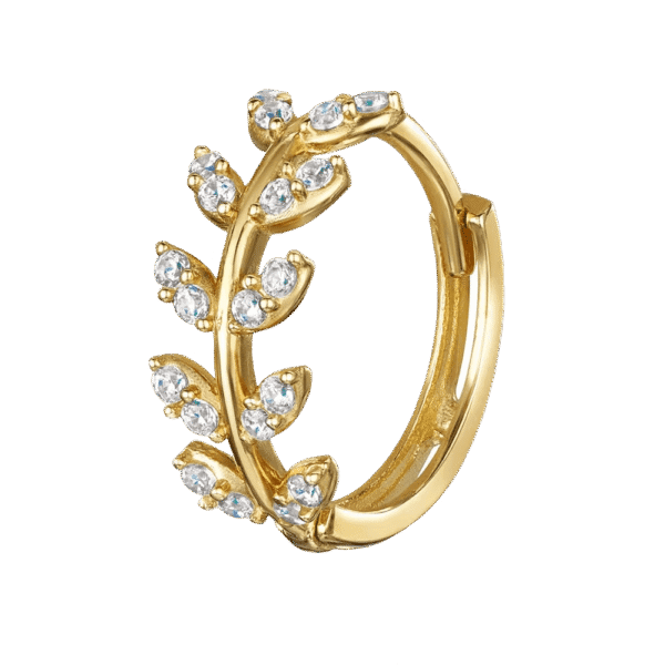Σκουλαρίκι Κρίκος Clicker από Ασήμι 925 με Ζιργκόν – Σχέδιο Φύλλα, 9mm χρυσό