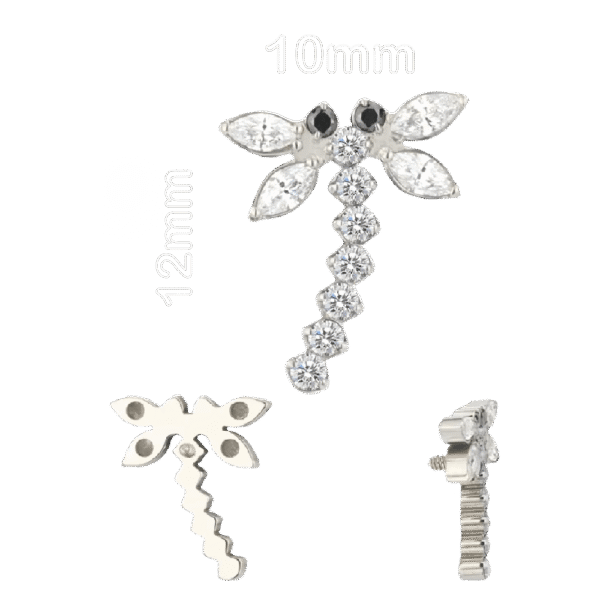 Σκουλαρίκι αυτιού (ear stud) απο Τιτάνιο ASTM F136 λιβελούλα (dragonfly) με ζιργκον (CZ) – Internally Threaded – 1.2mm – Silver