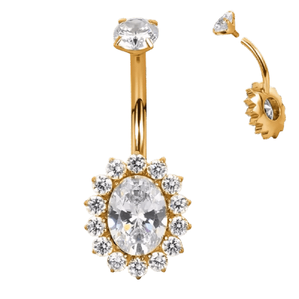 belly-button-oval-halo-gold Σκουλαρίκι Αφαλού (Belly button) από Τιτάνιο ASTM F136 με Οβάλ ζιργκον & Halo CZ