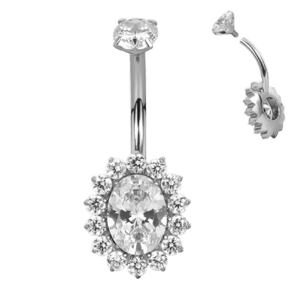belly-button-oval-halo-silver Σκουλαρίκι Αφαλού (Belly button) από Τιτάνιο ASTM F136 με Οβάλ ζιργκον & Halo CZ