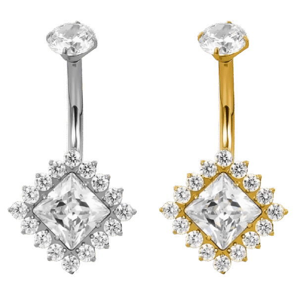 belly-button-princess-halo Σκουλαρίκι Αφαλού (Belly button) από Τιτάνιο ASTM F136 με Princess Zircon & Halo
