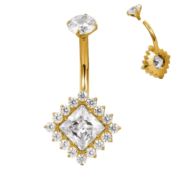 belly-button-princess-halo-gold Σκουλαρίκι Αφαλού (Belly button) από Τιτάνιο ASTM F136 με Princess Zircon & Halo