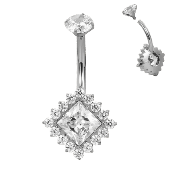 belly-button-princess-halo-silver Σκουλαρίκι Αφαλού (Belly button) από Τιτάνιο ASTM F136 με Princess Zircon & Halo