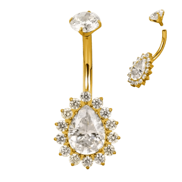 belly-button-tear-halo-gold Σκουλαρίκι Αφαλού (Belly button) από Τιτάνιο ASTM F136 με Δάκρυ Ζιργκόν & Halo CZ
