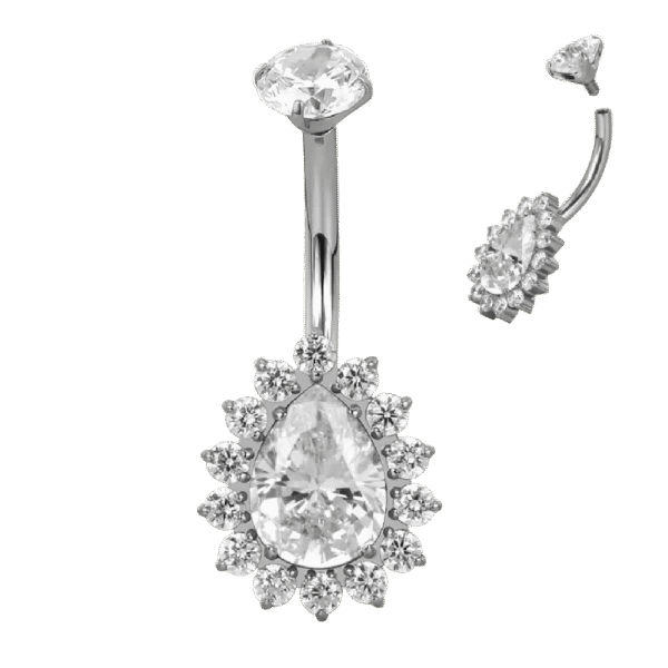 belly-button-tear-halo-silver Σκουλαρίκι Αφαλού (Belly button) από Τιτάνιο ASTM F136 με Δάκρυ Ζιργκόν & Halo CZ