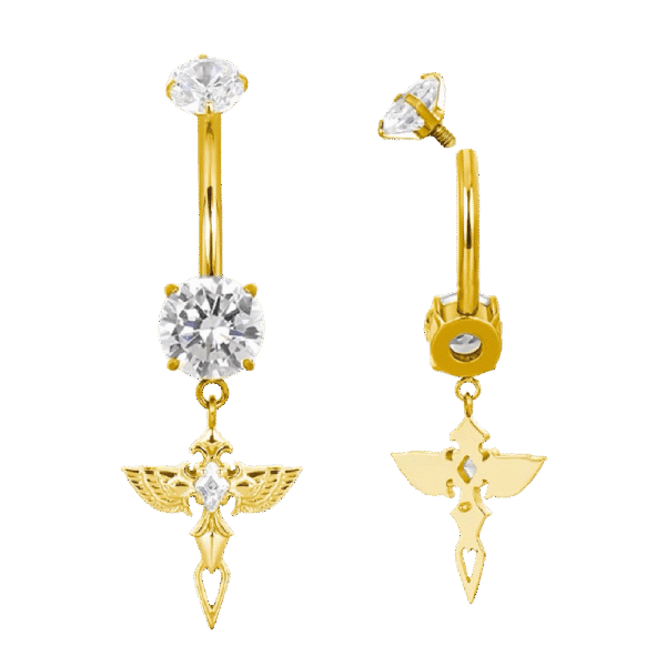 belly-button-angel-charm-gold Σκουλαρίκι Αφαλού (Belly button) από Τιτάνιο ASTM F136 με Κρεμαστό Angel Charm & Ζιργκόν